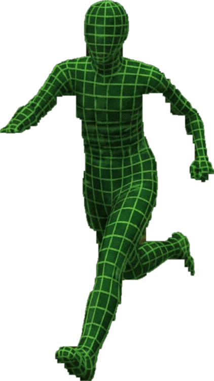 a green wireframe mannequin, running